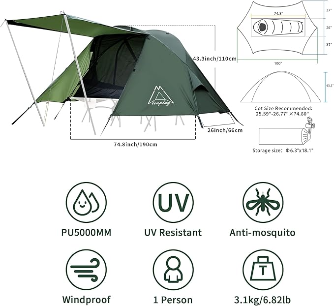 TENPLAY Cot TentCamping TentBackpacking Tent3 Way TentSolo Tent1 PersonQuick Setup70D Nylonpu5000mmUV Cut7001 AluminiumUltralightCompactOuterdoorHikingTravelMountaineering