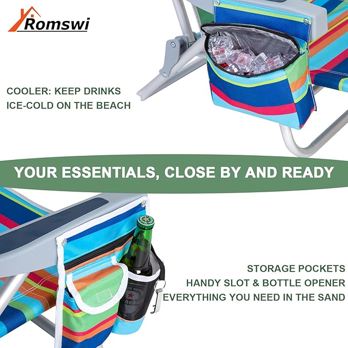2Pk Aluminum 5-Position Lay Flat Folding Backpack Beach Chairs for Adults with Cooler Bag Cup&ampPhone Holder Towel Bar for Outdoor Lawn Picnic Sport Portable Foldable Camping Chairs Multi Stripe