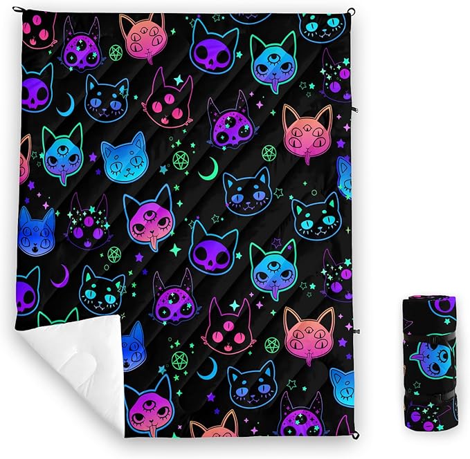 Axolotl Neon Cat Camping BlanketGhost Trippy Cat Packable Outdoor BlanketStar Moon Lightweight Warm Printed BlanketFunny Cat Halloween Waterproof Travel Blanket for CampingTravelStadiumHiking
