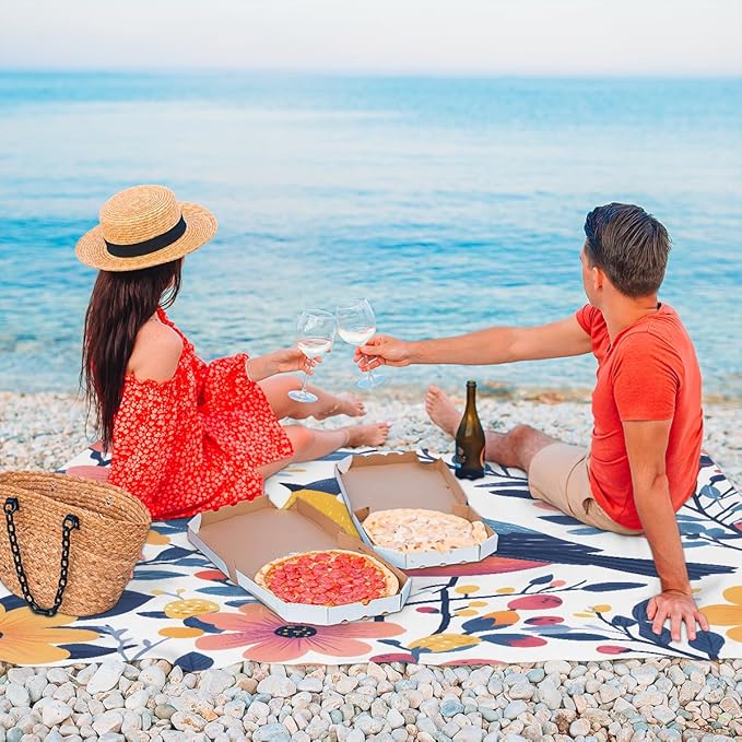 Waterproof Sandproof Beach Blanket 59''×68'' Animal-Bird Flower Polyester Outdoor Picnic Blanket with 4 Stakes &amp Storage Bag for BeachCampingVacation