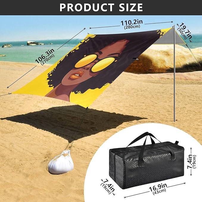 ALAZA African American Woman Beach Tent Sun Shelter UPF50+ Protection Beach Shade Canopy w/ 4 Sandbags for Outdoor Camping Fishing Backyard Fun Picnic 10x9 ft