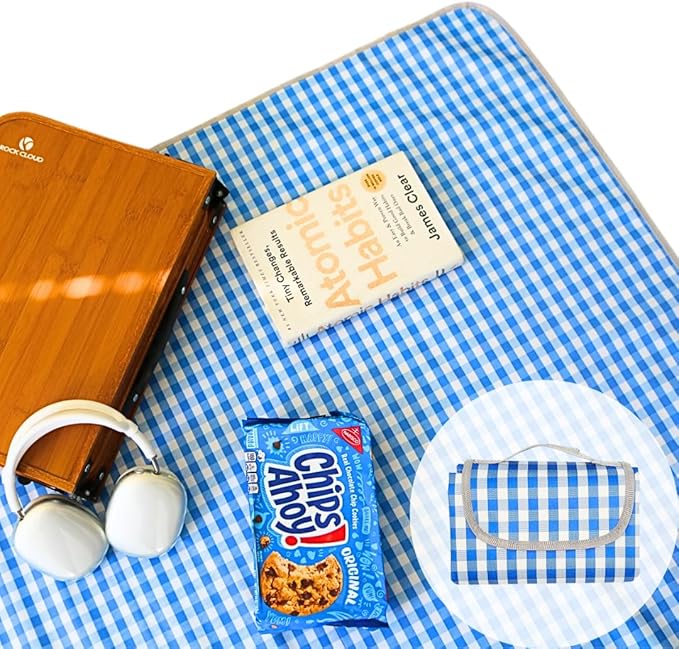 Cute Gingham Picnic Blanket Waterproof Foldable in Large 80x60in and Extra Large 80x80in Portable Compact Beach Blanket Oversized XL Outdoor Mat (Blue X-Large)