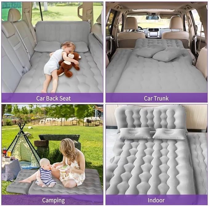 SUV Air Mattress - Thickened Double-Sided Flocking Travel Inflatable Mattress Bed With Electric Air Pump and 2 Pillows for Car Home Outdoor and Travel - Grey