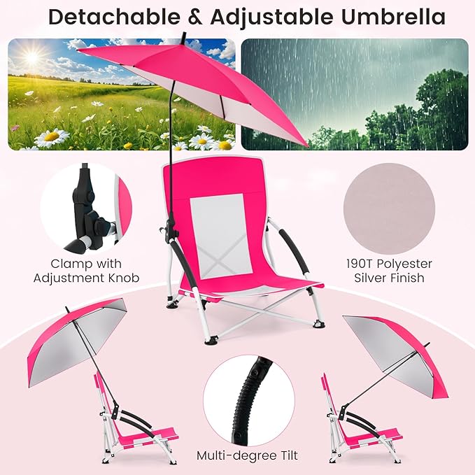 Giantex 2-Pack Low Folding Beach Chair with Detachable &amp Adjustable Umbrella Carrying Bag Padded Armrests Mesh High Back Load 330 LBS Anti-Slip Foot Pads Camping Chair for Picnic Lawn Pink