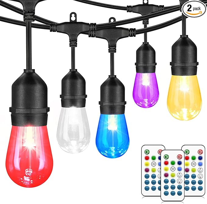 Mlambert 96Ft(2x48ft) Outdoor Patio Lights RGB Dimmable Cafe String Lights with 30+5 Commercial Grade LED Edison Bulbs for Yard Balcony-Black 2 Pack