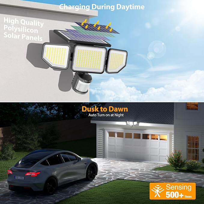 Onforu 4500LM Solar Lights Outdoor 3 Heads Security Lights with Remote Control IP65 Waterproof Motion Sensor Lights 3 Modes Flood Lights for Wall Porch Yard Outside 3 Pack