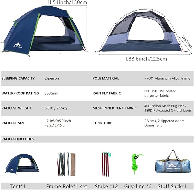 ThreeBears 2-Person Camping Tent Waterproof &amp Windproof Lightweight Backpacking Tent for Hiking Camping Mountaineering &amp Travel - Durable &amp Easy Setup