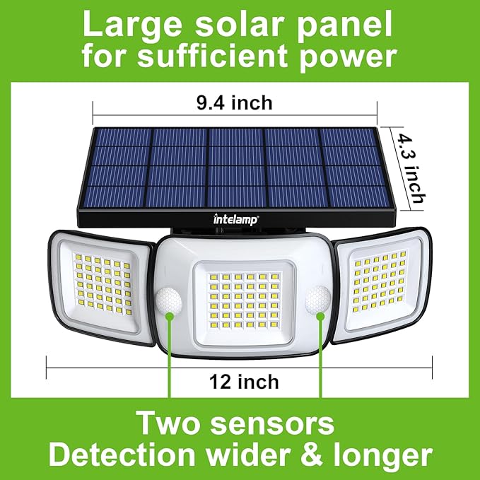 intelamp Solar Outdoor Lights 1200LM 6000mAh Security Lights with Remote Control3 Heads Motion Sensor Light Outdoor IP65 Waterproof270° Wide Angle Flood Wall Lights with 4 Modes