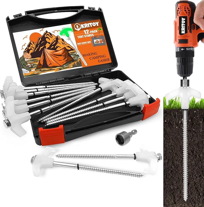 12 Pack Tent Stakes Heavy Duty - 8 Ground Anchors Screw in - Camping Stakes with Grow in The Dark Heads - Metal Threaded Tent Spikes with Hex Head Driver and Storage Box