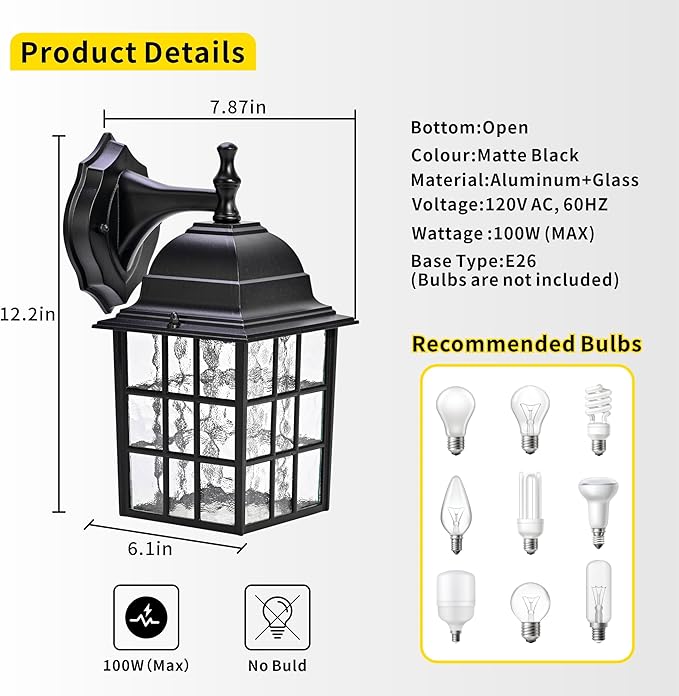 Outdoor Wall Light Fixtures Waterproof Exterior Sconce Lights Anti-Rust Exterior Lighting Fixtures Black Outdoor Wall Lantern for Porch Patio Front Door Garage House - 2 Pack