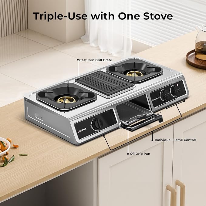 CAMPLUX 3 Burner with 1 Grill Plate Propane Gas Cooktop Stove 26000 BTU Stainless Steel Triple Burner Propane Cooktop for Outdoor Kitchen Cooking with CSA Regulator Estufa de Gas Portatil