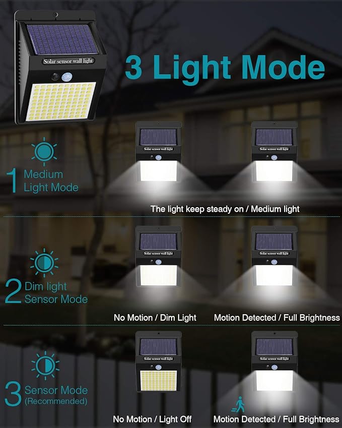 4 Pack Solar Motion Lights Outdoor 3 Modes/100LED Solar Security Wall Lights Outdoor Wireless IP65 Waterproof for Front Door Backyard Garage Deck