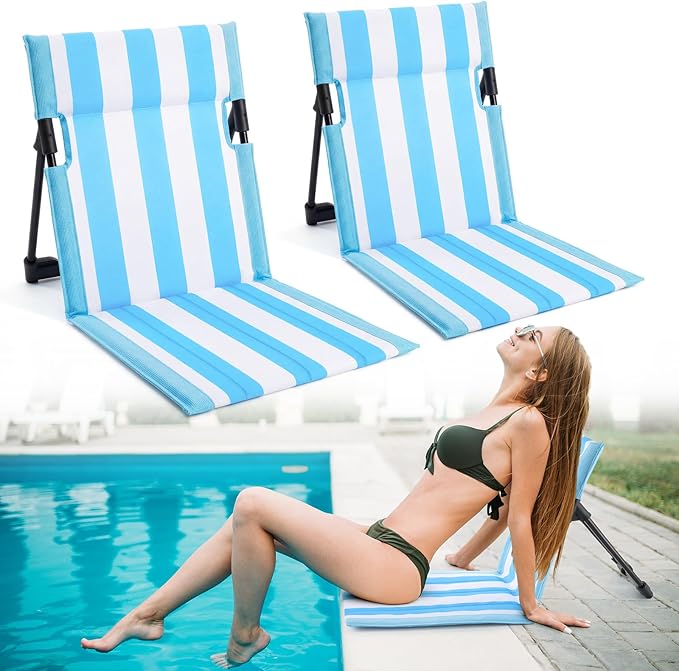 Karenhi 2 Pcs Stripes Foldable Pool Chairs Portable Folding Beach Chairs for Edge of Pool Portable Flip Poolside Chair for Adult Summer Traveling Camping Picnic Lawn (Blue and White)