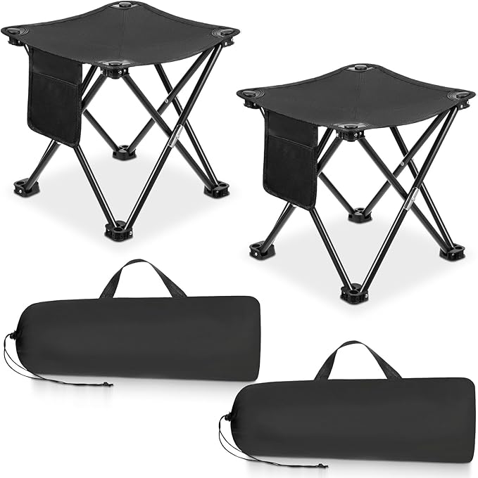 2 Pack Camping Stool 13 Inch Portable Folding Camp Stool with Side Pocket for Camping Fishing Hiking Gardening Outdoor Walking Foot Stools with Carry Bag Black