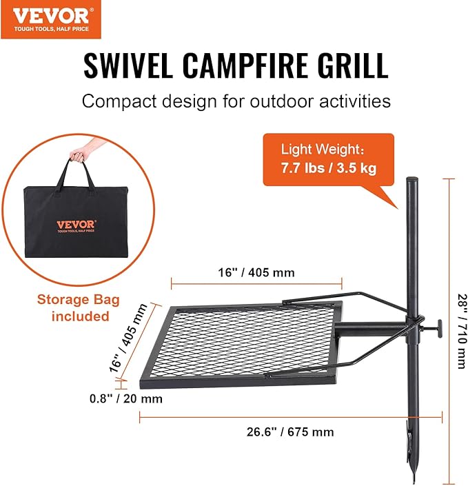 VEVOR Swivel Campfire Grill Fire Pit Grill Grate over Fire Pits Heavy Duty Steel Grill Grates 360° Adjustable Open Fire Outdoor Cooking Equipment Portable Camp Fire Racks for Camping Outdoor BBQ