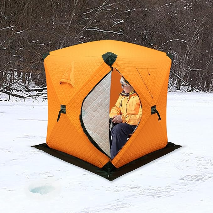 Portable Ice Fishing Tent for 1-2 Persons Thermal Insulated Ice Shelter with Fiberglass Poles 210D Oxford Waterproof Fabric Pop-Up Ice House with Windows &amp Carry Bag for Winter FishingOrange