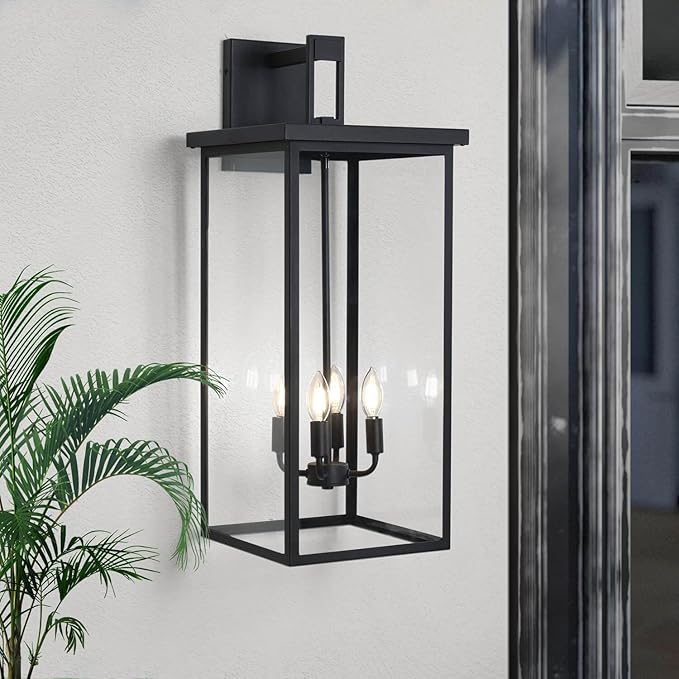 tewei 26IN Large Size Outdoor Wall Lantern Exterior Waterproof Wall Sconce Matte Black Outdoor Lights for House Modern Porch Light with Clear Glass Shade E12 Base Wall Light for Garage(1 Pack)