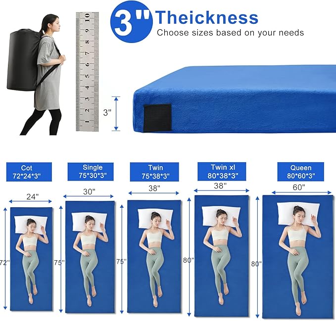 Memory Foam Camping Mattress pad Comfortable Thick Floor Sleeping Mat for Adults with Waterproof and Non-Slip Bottom Portable Roll Up Mattress for Sleepover GuestCot Mad for Car Camping