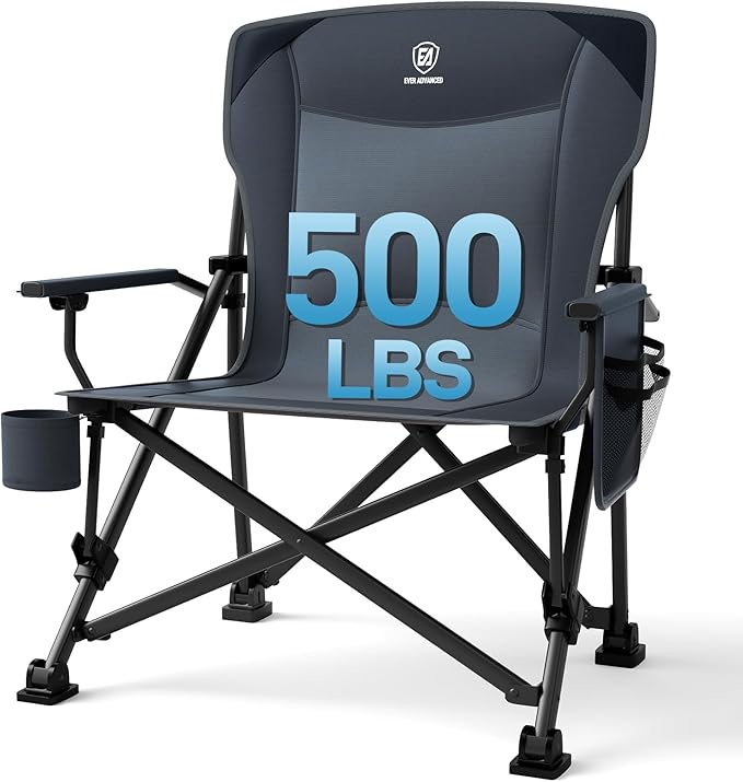 EVER ADVANCED Oversized Folding Camping Chair for Adults Heavy Duty Lawn Chair with Side Pockets Portable Collapsible Quad Chair for Outside Support Up to 500lbs Grey
