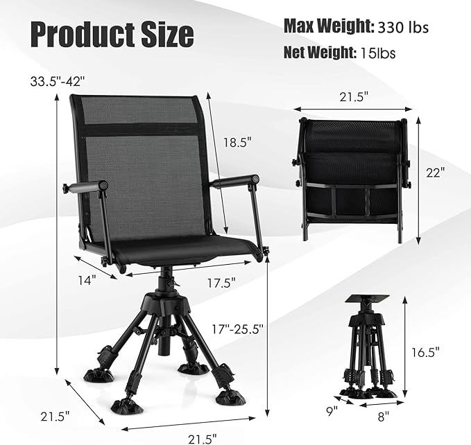DORTALA Portable Hunting Chair 360 Degree Swivel Hunting Blind Chair w/Adjustable Height Comfortable Armrests Folding Deer Hunting Seat for Blinds Camping 330 LBS Weight Capacity Black