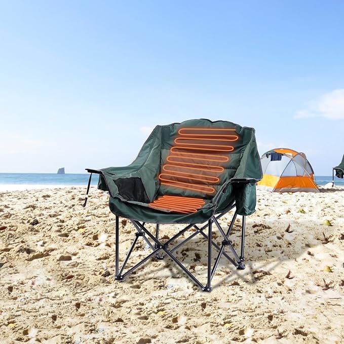 CDEN Heated Padded Chair Heated Camping Chair Heated Outdoor Chair Oversized Camping Chair with Cooler Bag Side Bag Heavy Duty Power Bank (1 Pack)
