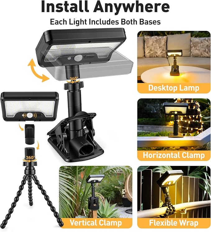 2 Pack Clip On Solar Lights Outdoor with Octopus Tripod 3 Color Temps &amp Remote Control Motion Sensor Fence Lights Solar Powered IP65 Waterproof Security Light for Outside Deck Gutter Camping