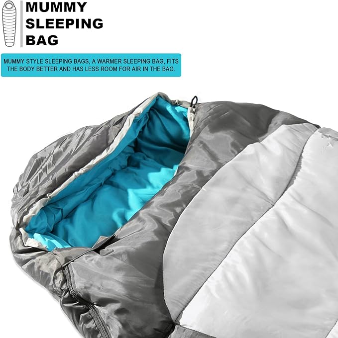 KHOMO GEAR Sleeping Bag Mummy Style - 3 Season - Camping &amp Outdoors - Grey