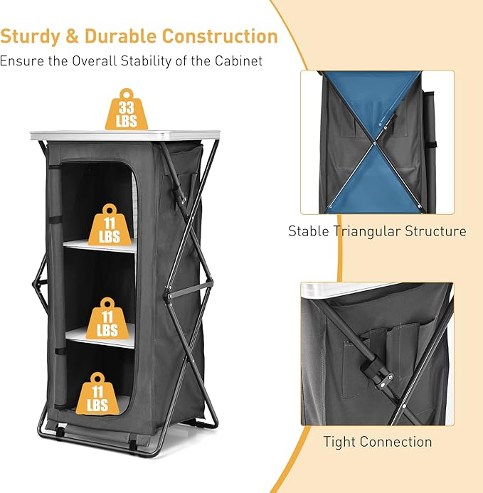 Goplus Folding Camping Storage Cabinet Pop Up Outdoor Camping Kitchen Station with Large 3-Tier Storage Organizer Carry Bag Easy Set Up Portable Compact Camping Table for BBQ Picnic Backyard (47'')