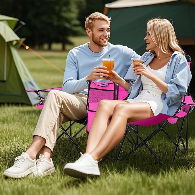 Beach Chair with Umbrella Portable Camping Chair with Cooler Bag Cup Holders Side Pocket Carrying Bag Double Folding Chair for Picnic Patio Canopy Outside (Pink)
