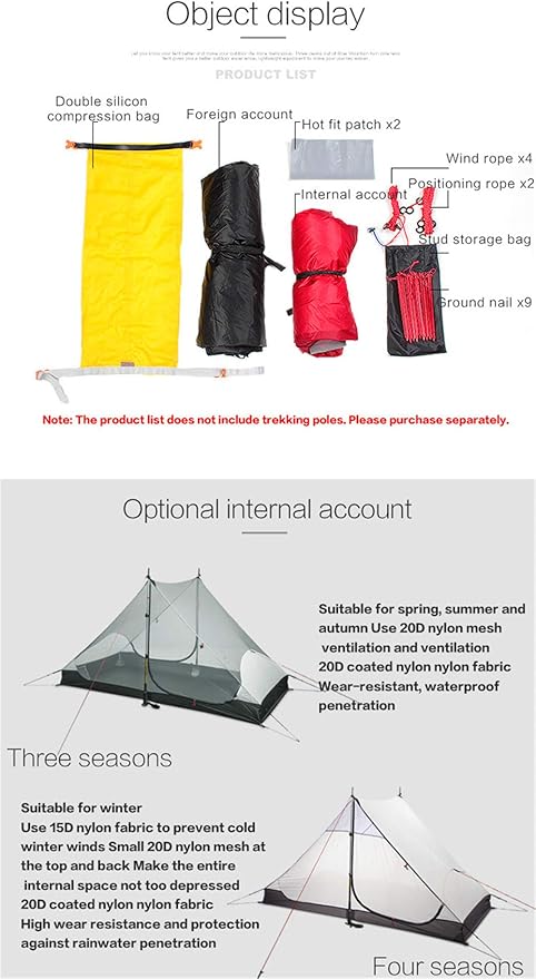 3F UL GEAR Lanshan 2 Person Tent Hiking Ultralight Camping Tent Professional 15D Silnylon Rodless Trekking Pole Tent Waterproof Backpacking Outdoor for Camping Bivvy