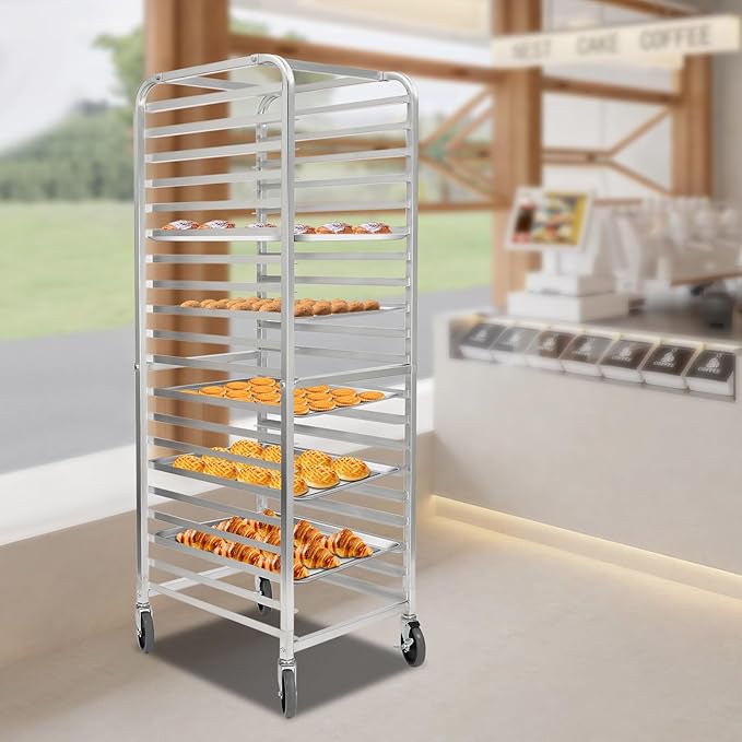 20 Tier Aluminum Bakery RackCommercial Kitchen Bun Sheet Pan Rack with 4 wheels (2 with brakes)Mobile Trolley Storage Cooling Rack for Kitchen Bakery Restaurant Catering 26 L x 20.5 W x 69 H