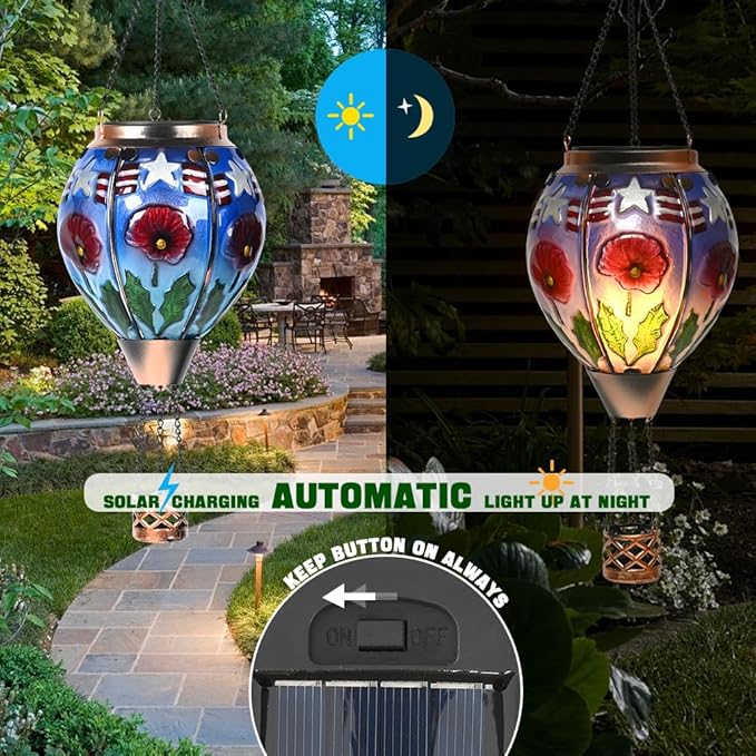 Hot Air Balloon Solar Lantern - Poppy Flower Patriotic Glass Lantern Simulated Flickering Dancing Flame Outdoor Hanging Yard Light Waterproof IP65 Ideal 4th of July Gift for Patriot Patio Decor