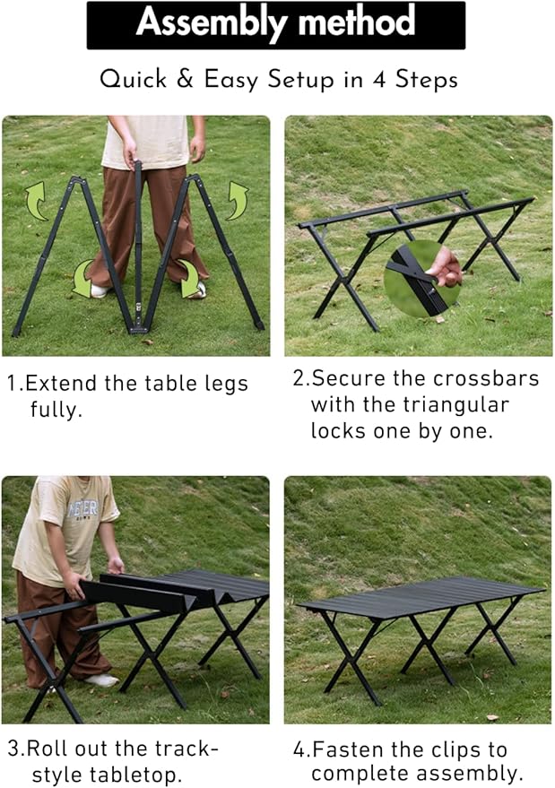 CAMPINGMOON Large Roll-Up Table L 63'' x W 31.5'' x H 24'' Aluminum Folding Portable Camping Outdoor Track Style Design Table BKT-160