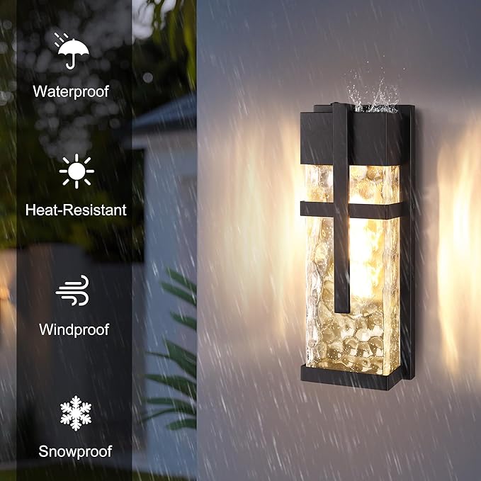 Hammered Glass Outdoor Wall Lantern Dusk to Dawn Wall Sconce Lighting 2 Pack Outdoor Light Fixtures Exterior Porch Light with Waterproof Modern Wall Lamp for Garage Doorway Patio(Bulb Included)