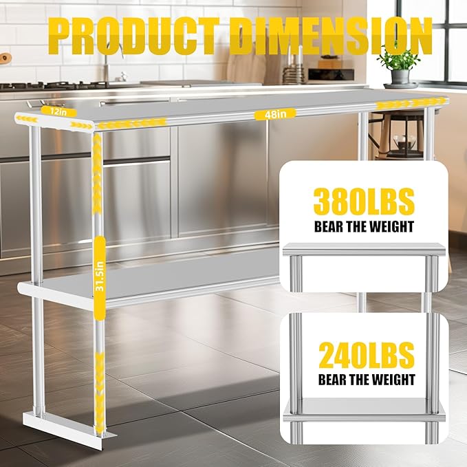 Double Overshelf Double Tier Stainless Steel Shelf 12 x 48 Inches Adjustable Height Commercial 2 Tier Shelf 360lb Load Capacity for Prep &amp Work Table in Restaurant Home and Kitchen