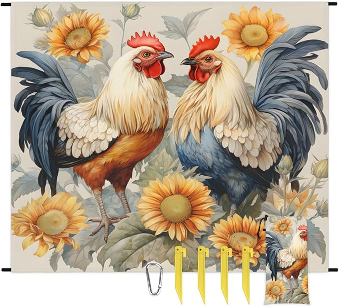 Waterproof Sandproof Beach Blanket 59''×68'' Mother Hen Polyester Outdoor Picnic Blanket with 4 Stakes &amp Storage Bag for BeachCampingVacation Sunflowers