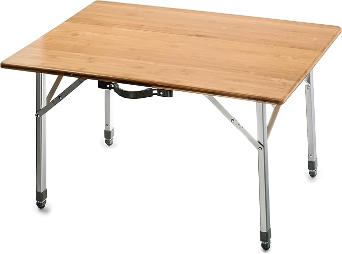 Camco Folding Table | Features Natural Bamboo Top &amp Folding Aluminum Legs for RV Storage and Organization | Adjustable Height 18” - 26” | Ideal for Tailgating Camping RVing the Beach &amp More