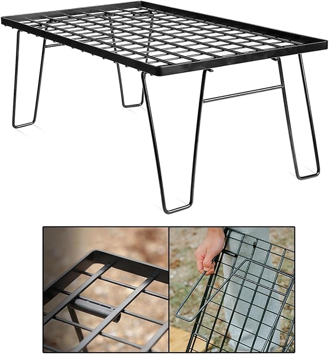 Outdoor Folding Table with Charcoal Grill Plate Portable Desk and Multifunctional Camping Grill Rack Ideal Furniture for BBQ Beach and Garden