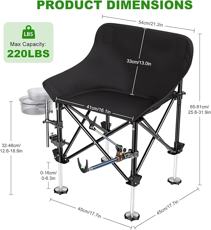 Folding Fishing Chair with Complete Accessories Portable Camping Chair for Outdoor Fishing 220LBS Load-Bearing Non-Slip All-Terrain Design with Storage Bags Carbon Steel Fishing Chair