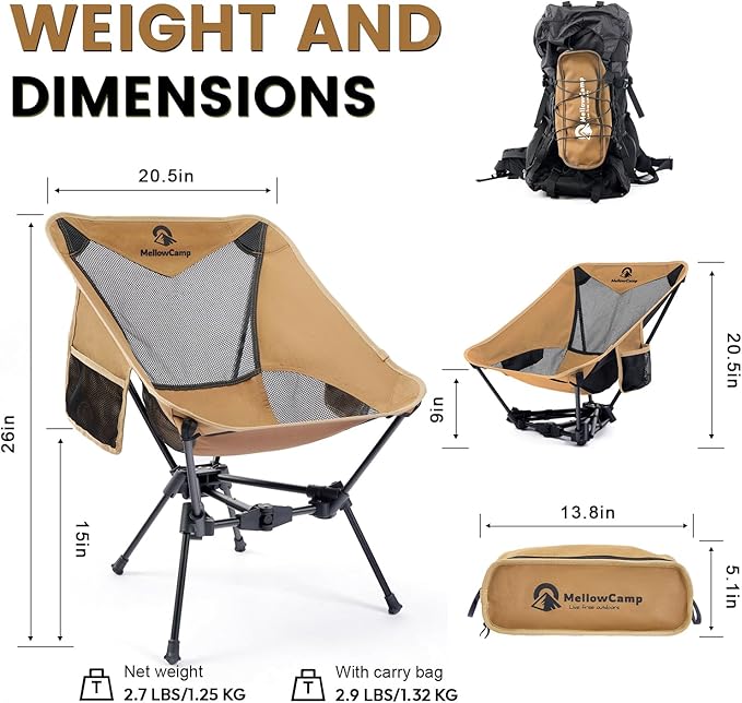 MellowCamp Camping Chair Ultralight Folding Backpacking Hiking Chair Compact Portable for Hiking Camping Backpacking Beach Roadtrip (Dune Brown)