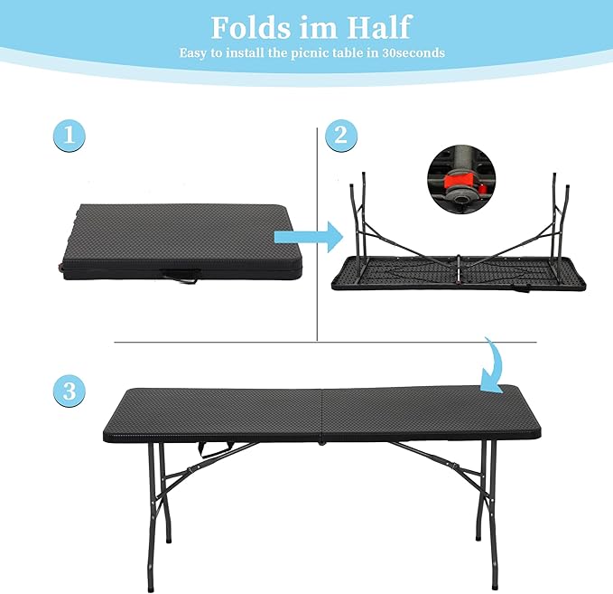 6 Ft White Folding Table Portable Table Camping Table Outdoor Collapsible Dinner Table Outdoor Tables for Patio Yard Wedding Party Cocktail Display