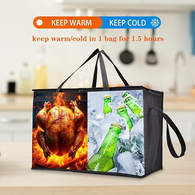 4-Pack Insulated Food Delivery Bags – 2 XXXL &amp 2 XL Reusable Hot &amp Cold Thermal Bags with Removable Base Plates – Catering Pizza Delivery Grocery &amp Travel