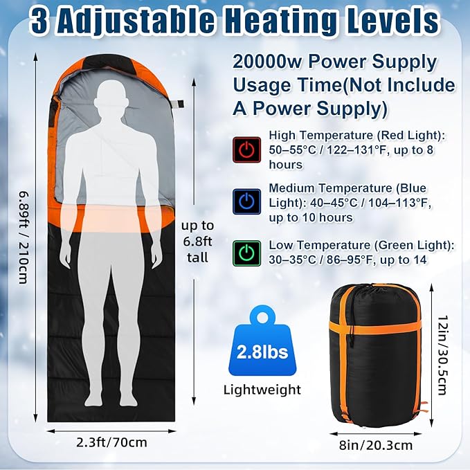 2 Pack Heated Sleeping Bag for Adults USB Electric Cold Weather Sleeping Bag with 4 Zone Carbon Fiber 3 Adjustable Heating Levels Waterproof for All Season Camping &amp Hiking