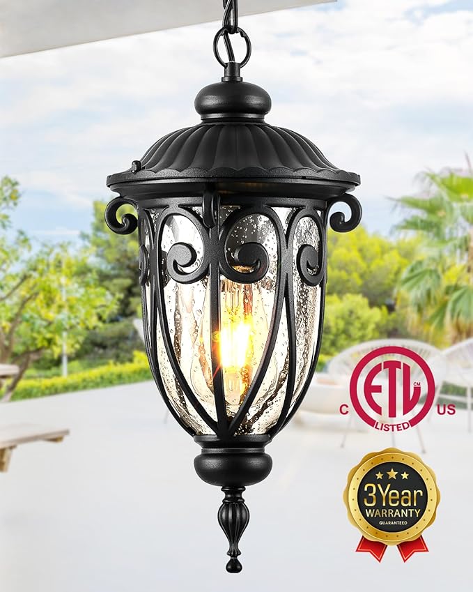 VIANIS Black Outdoor Pendant Light Lantern Modern Chandelier Handcrafted Hanging Lights with Seed Glass Outdoor Ceiling Lights for Porch House Doorway Garden Entryway