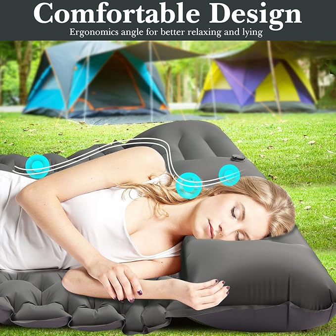 Double Sleeping Pad Camping Self Inflating 4'' Extra-Thick 2 Person Pillow Built-in Foot Pump Waterproof Inflatable Sleeping Mat Backpacking Tent Hiking Portable Camping Pad (Grey-Full)