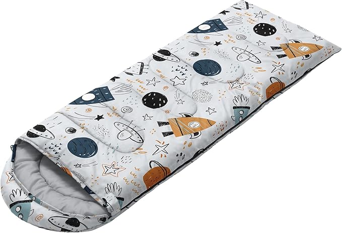 Kids Sleeping Bag for Boys GirlsCartoon Spaceship Print-Lightweight Warm Portable Outdoor Indoor-Waterproof Cold Weather Resistant Sleeping Bag for Camping Hiking(Spaceship)