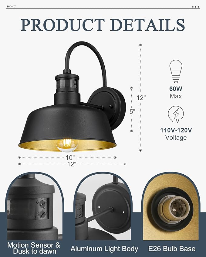 10 Motion Sensor Outdoor Light Fixture Dusk to Dawn Wall Light Fixtures with E26 Base Socket IP65 Waterproof Exterior Porch Lights Outdoor for Garage Entrance Doorway Entryways HS2213-1