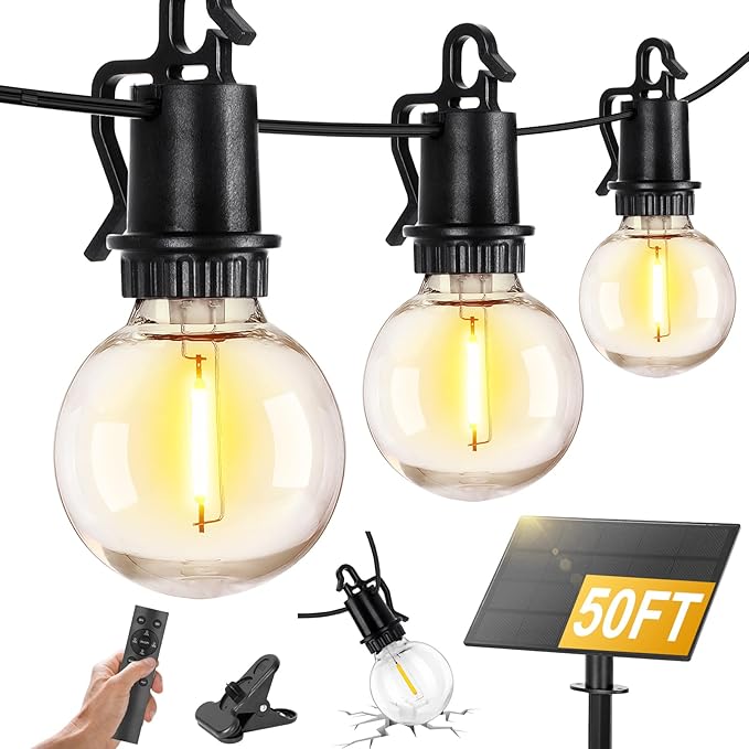 ZJOJO Solar Outdoor String Lights Waterproof 50FT G40 Globe Patio Lights String Lights Solar Powered with 25 Edison Bulbs 2700K Shatterproof Hanging Lights for Porch Backyard Pergola Bistro