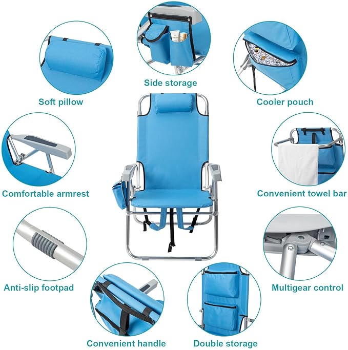 Tall Folding Backpack Beach Chair with Towel Bar5 Adjustable PositionsTowel bar Cooler and Storage Pouch Cup Holder and Phone HolderCamping Chairs for AdultsAluminumSupports 220 lbs Blue