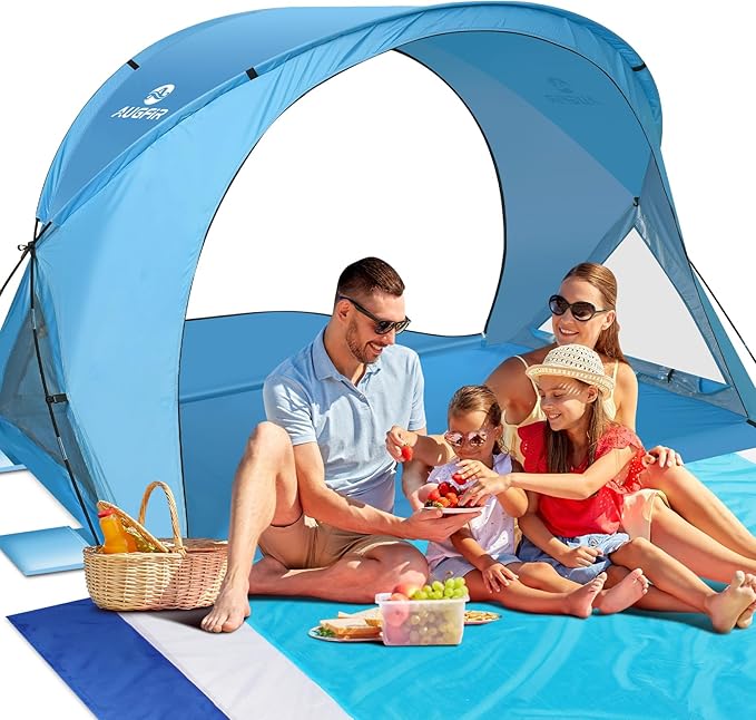 Beach Tent Sun Shelter Beach Tent with Beach Mat Set 4 Person Portable Beach Shade Canopy with UPF 50＋ UV Protection Dual-Door Ventilation Design Easy Setup Family Beach Umbrella (Blue)